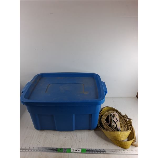 Rubbermaid Roughneck Plastic Storage Tote 21" x 16" x 12", Ratchet Strap - Cannot Ship