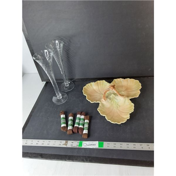 (2) Glass Vases 11", Shoelaces & Ceramic Leaf Tray