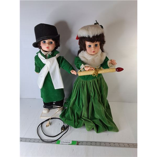 (2) Plastic Christmas Caroler Figurines- One Lights Up, One Moving- No Sound Up to 24"