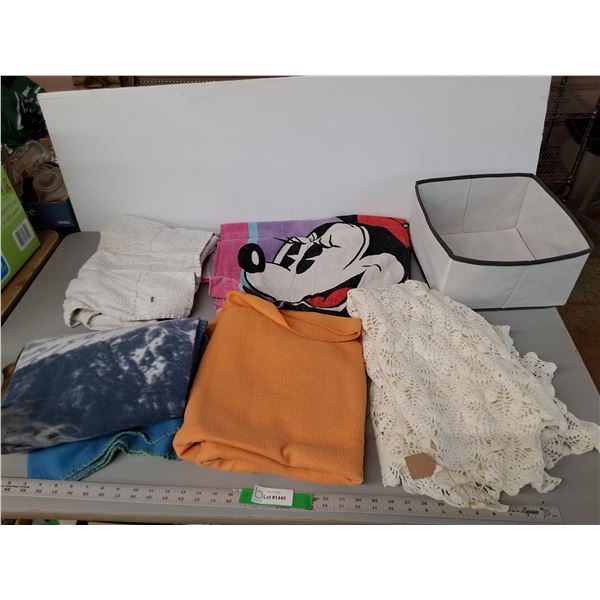 (2) Towels-Some Staining, (2) Throw Blankets, Table Doily