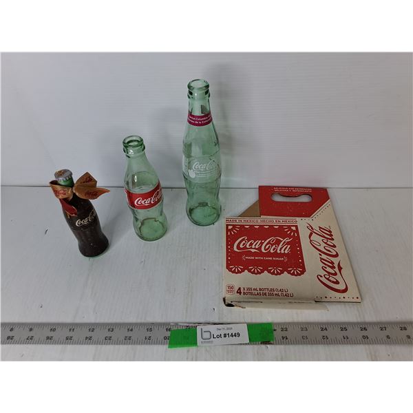 (2) Coca-Cola Glass Bottles, Tree Ornament & Paper Carrying Case