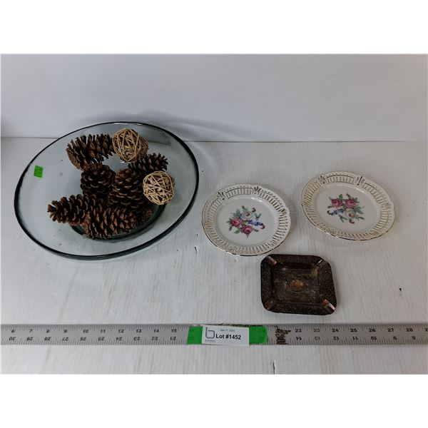 Decorative Teaplates, Metal Ashtray, 11.75" Glass Bowl with Pinecones