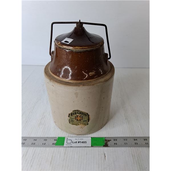 Red Cross Earthenware Crock 10.5"- Lid Sealed Shut