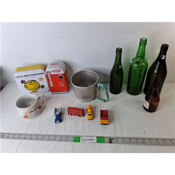 Little Miss Sunshine & Coca-Cola Tins, Vintage Glass Bottles, Metal Sifter, Misc.