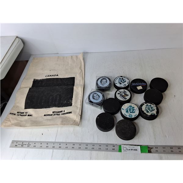 Hockey Pucks- Ken Dryden, Tony Esposito, La Ronge Ice Wolves, Misc., Royal Can. Mint Mail Bag
