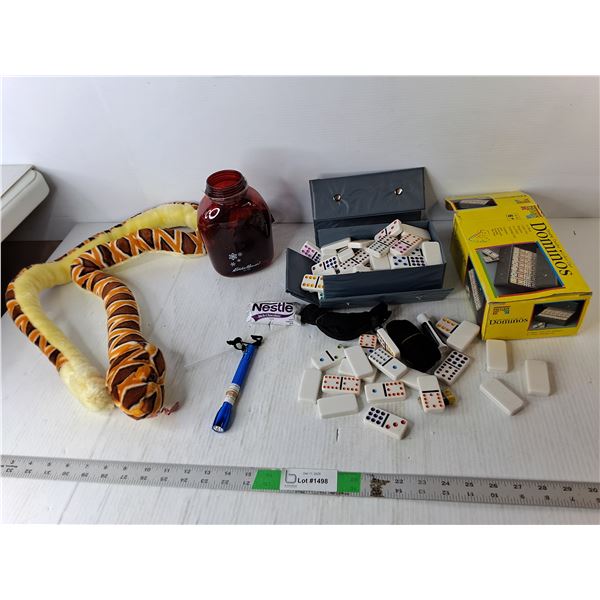 Rattlesnake Stuffy, Domino Set, Eddie Bauer Waterbottle, Misc.