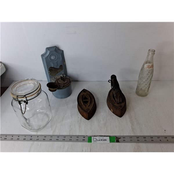 (2) Sad Irons, Vintage Pepsi-Cola Bottle, Aladdin Blue Flame Heater, Glass Jar