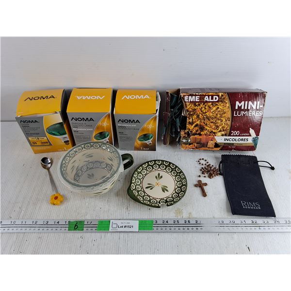 100W Green Floodlight Bulbs, Mini Lights, Crucifix Necklace, Ceramic Bowl with Lid, Dessert Spoon