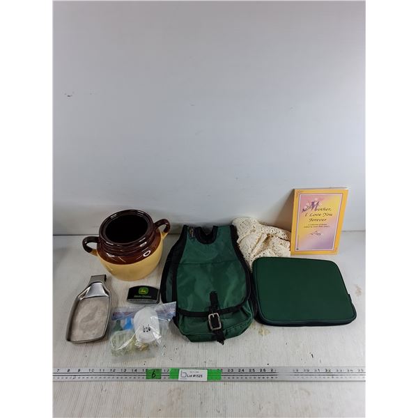 A Collection of Poems Book, John Deere Belt Buckle, Ceramic Pot, Air Freshener, Misc