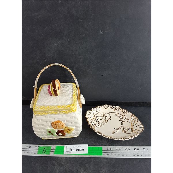 Ceramic Basket Weave Cookie Jar, Vintage Porcelain Trinket Dish