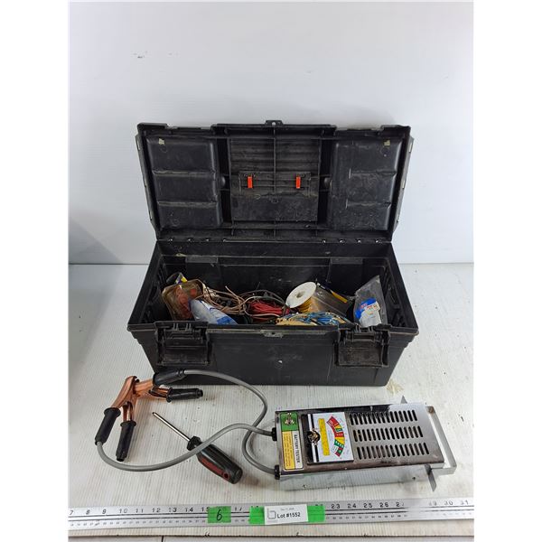 Plastic Tool Box 20" x 8" x 10", Wires, Screwdriver, Battery Tester - As Is