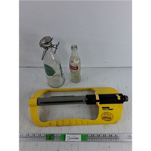 Nelson Triple Spray Sprinkler, Vintage Coca Cola & Mountain Water Glass Bottles