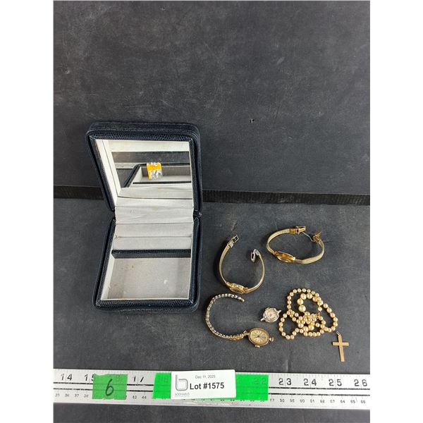 Vintage Quartz Watches - As Is, Cross Pendant, Pearl Necklace, Jewelry Box