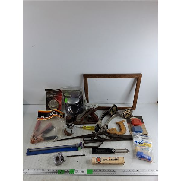 Wood Plane, Measuring Tape, Hole Saw, Battery Terminals, Screwdriver Bit Tip Set, Misc
