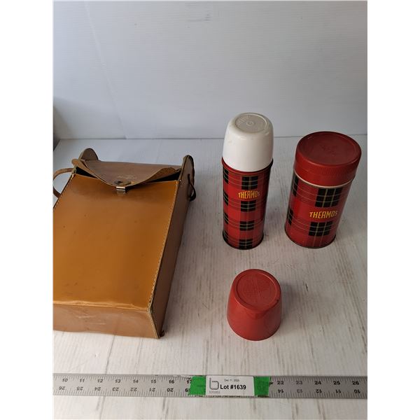 (2) Thermos Bottles Up To 10", Leather Case