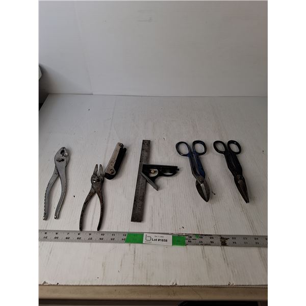 Folding Hex Key, Slip Pliers, Square Level, Tin Snips