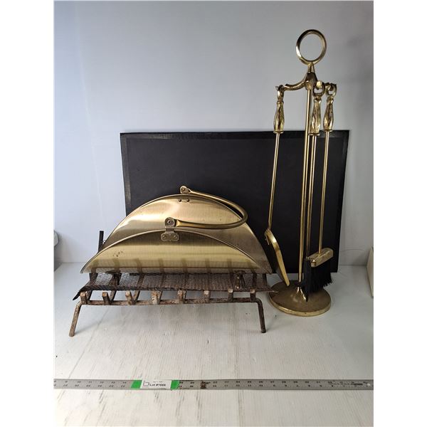 Vintage Brass Fireplace Log Holder With a Wire Mesh Base & Tool Set With Stand - CANNOT SHIP