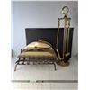 Image 1 : Vintage Brass Fireplace Log Holder With a Wire Mesh Base & Tool Set With Stand - CANNOT SHIP