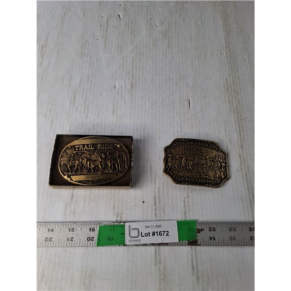 (2) Brass Coloured Belt Buckles- Trail Ride, American Express Wells Butterfield