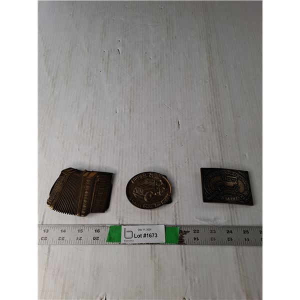 (3) Brass Belt Buckle- SuperJeep, Ford Automobiles, Accordian