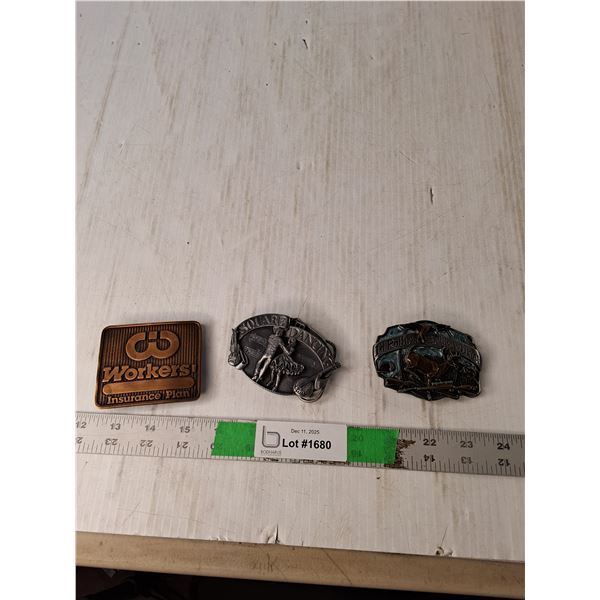 (3) Brass Belt Buckles - 3 Workers Insurance, Square Dance, Hunting
