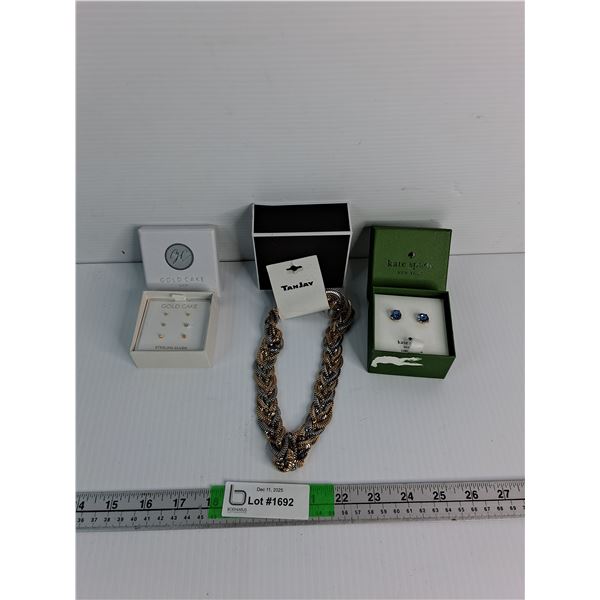 (3) Sets Of Gold Cake Earrings, Tanjay Necklaces, Kate Spade Blue Diamond Colored Earrings- Cannot A