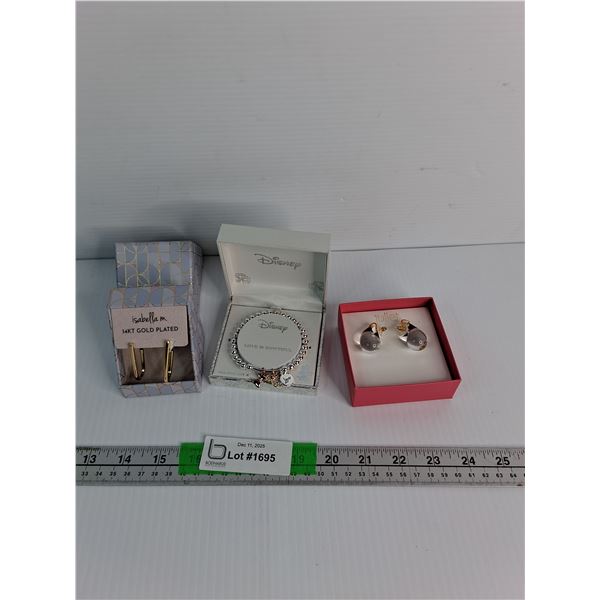 A Disney Themed Bracelet, (2) Sets Of Earrings- Isabella M 14kt Gold Plated, Juliette Glass Droplets