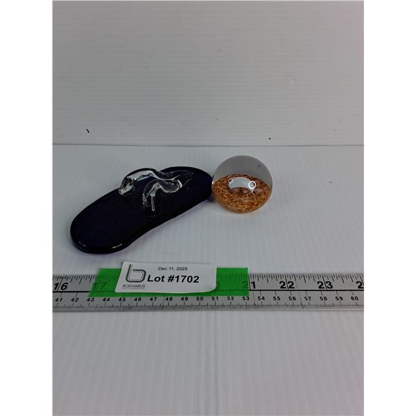 Blue Glass Flip Flop Paperweight, Handblown Glass Paperweight