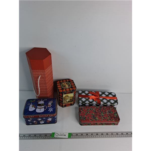 (4)Christmas Tins With (1) Cardboard Box Up To 12"x 4.5"