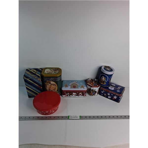 (6)Christmas Tins With (1) Plastic Container Up To 8"x 5.5"