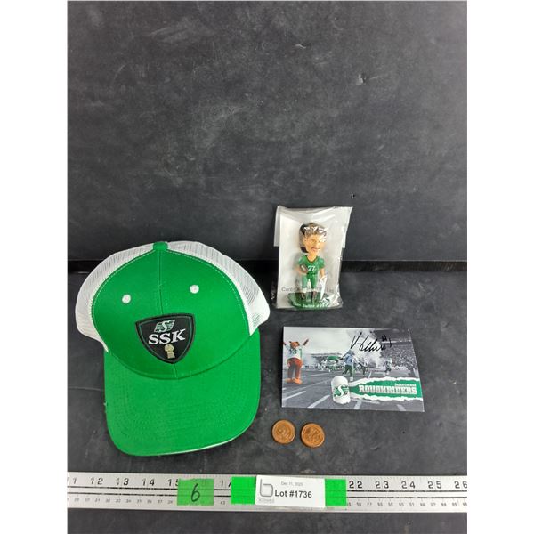 Glen Suitor Bobble Head Figure, Autographed 2013 Card, Roughriders Cap, Roughriders Tokens