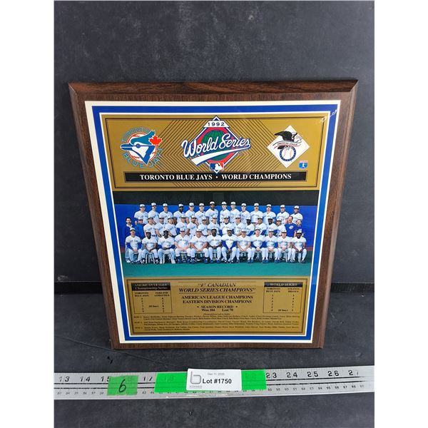 1992 World Series Toronto Blue Jays World Champions Plaque 13" x 11"
