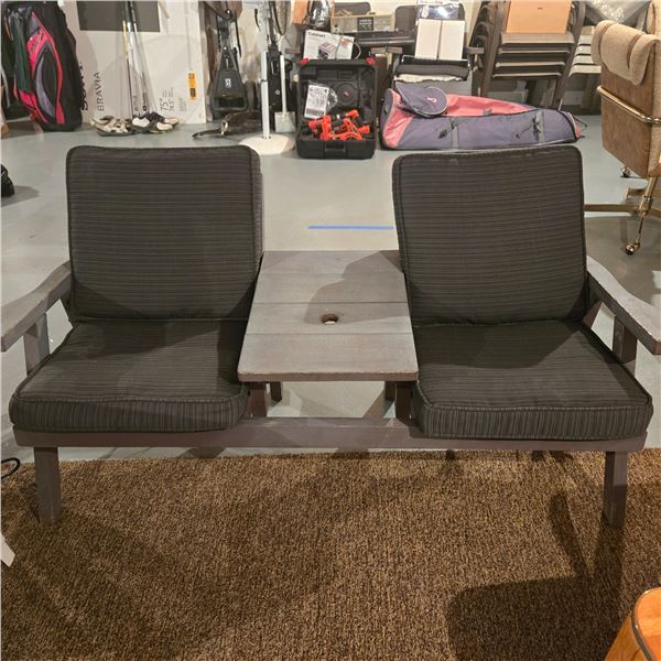 Dual Patio Chairs w/ cushions ( 63" X 30" Deep)  &  2 Patio wooden chairs  28" wide