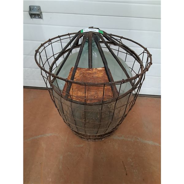 * Antique Glass Demijohn w/Rustic Metal Carrying Cage - CANNOT SHIP - 27" x 22"