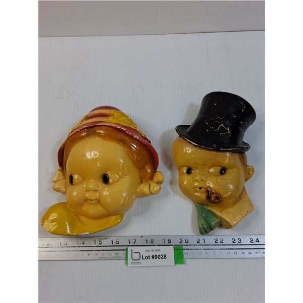 (2) Vintage Chalkware Yarn Holders Boy & Girl Set - 9" x 5"