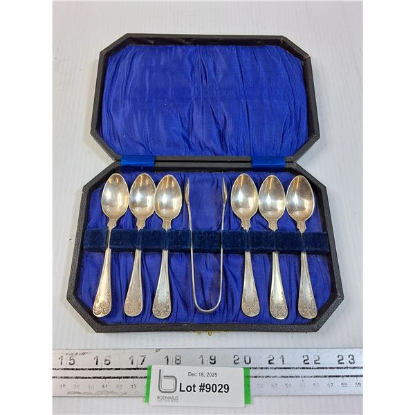 Vintage Silver Plated Tea Spoons & Sugar Tongs Set in Case