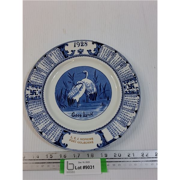 Vintage 1928 Calendar Plate - Port Colborne - 9" Diameter