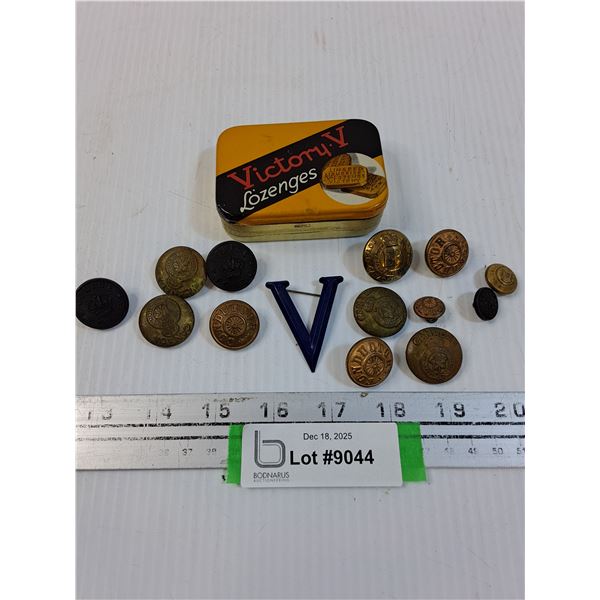 (14) Vintage Buttons: Police, RCMP, Conductor in Victory Lozenges Tin