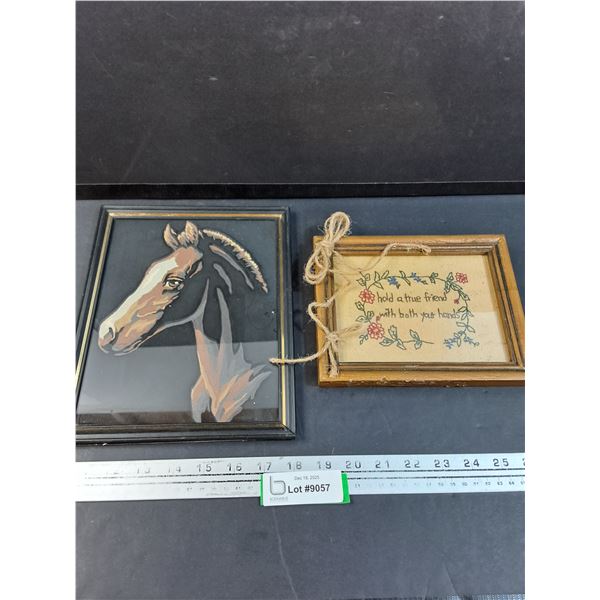 (2) Pictures: Horse Painting (8" x 10") & Crosstitched "Friend" (5" x 7")