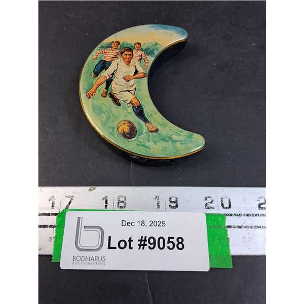 Switzerland Lackerli-Huus Moon Shaped Soccer (football) Tin for Candies (empty) - 3.5"