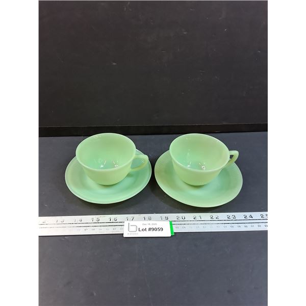 (2) Jadeite Tea Cup & Saucer Set "Jane Ray" Style