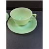 Image 2 : (2) Jadeite Tea Cup & Saucer Set "Jane Ray" Style