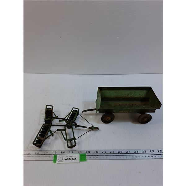 (2) John Deere Metal Toys: Disc Harrow, Grain Wagon - Some Wear