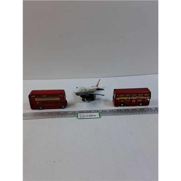 (2) Dinky & Matchbox Double Decker Buses (5" Long) & Boeing 747 Airplane Toy (Wings Damaged)