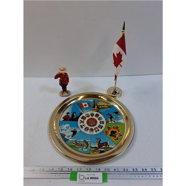 RCMP Lot: Decorative Tin Plate & Desk Flag & Figurine