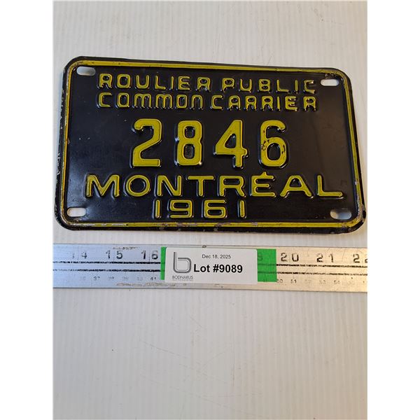 Roulier Public Common Carrier License Plate - 1961
