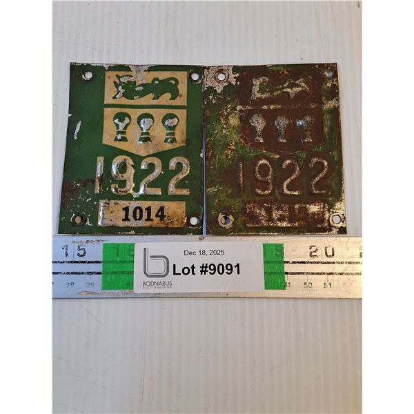 (2) 1922 Saskatchewan License Plate Tags-Cannot Guarantee Authenticity