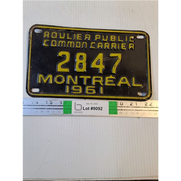 Roulier Public Common Carrier License Plate - 1961