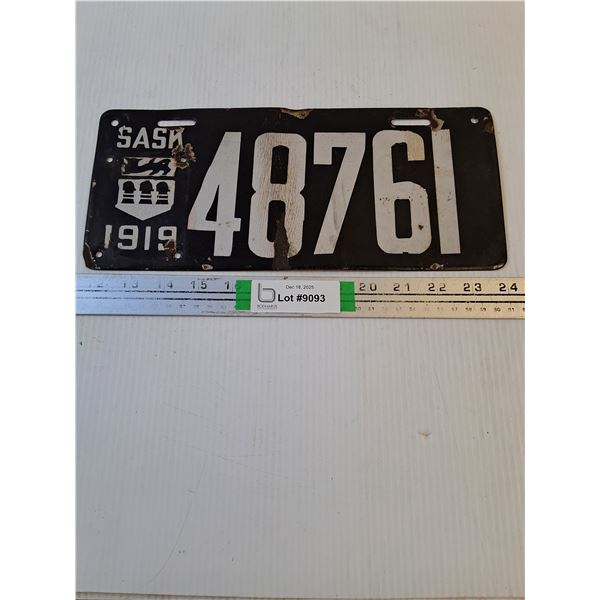 (1) 1919 Saskatchewan License Plate-Cannot Guarantee Authenticity