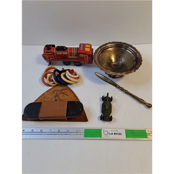 Vintage Misc Items - Tin Train , EP Silver Dish, Clothes Brush, Metal TootsieToy- As Is